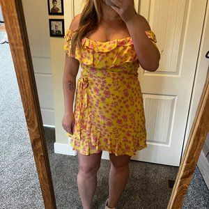 Off-Shoulder Yellow & Pink Floral Wrap Mini Dress